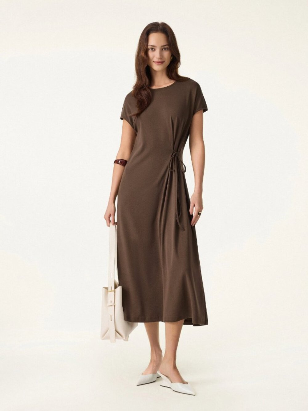 OGL Cotton Lyocell Easy Airy Midi Dress with Self-Tie Brown Women's Size Large